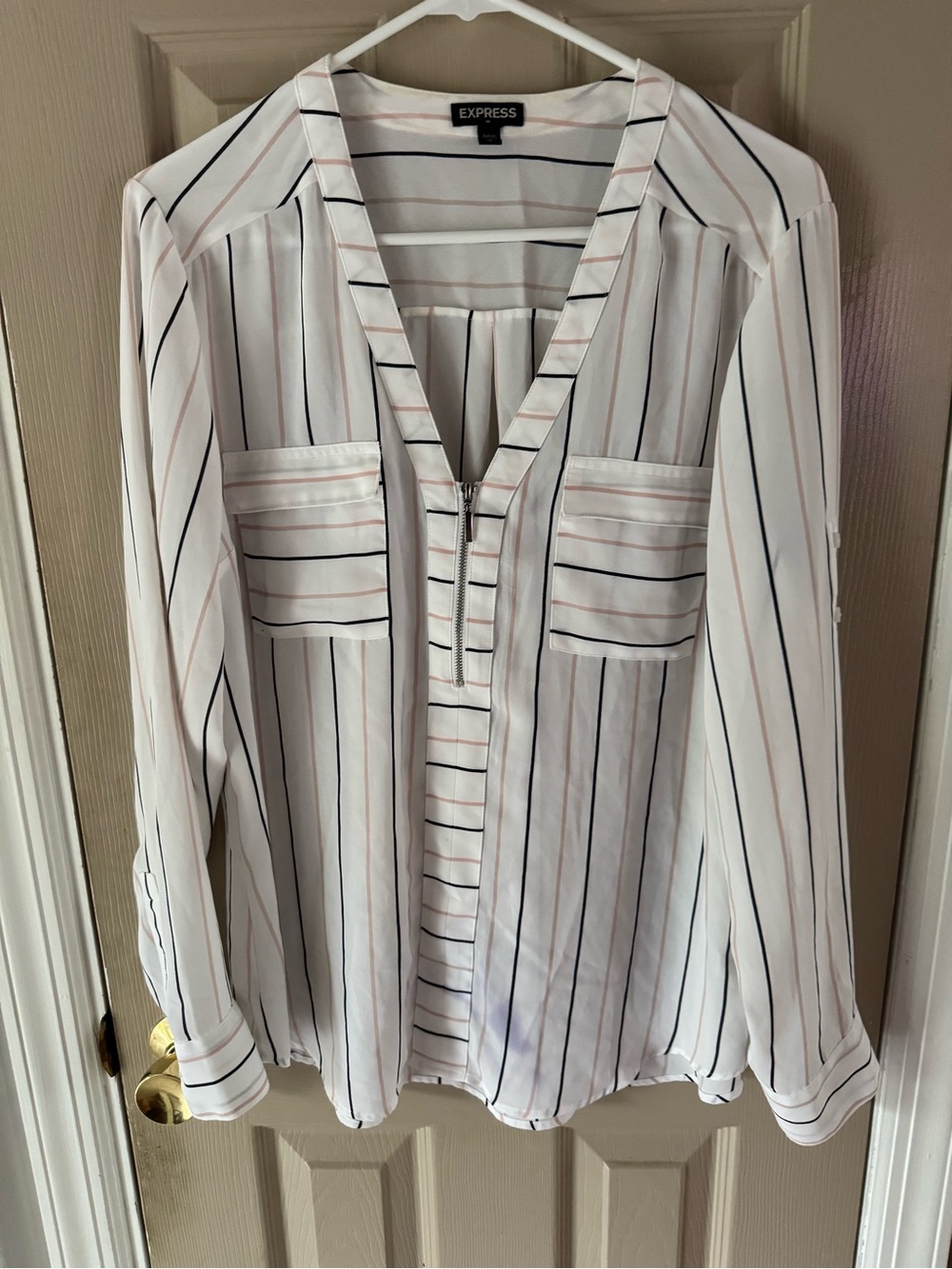Express White Vertical Stripe Zip-Front Blouse